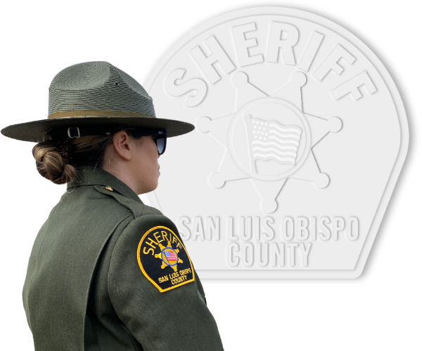 Deputy looking away with a stylized Sheriff's Office patch in the background.