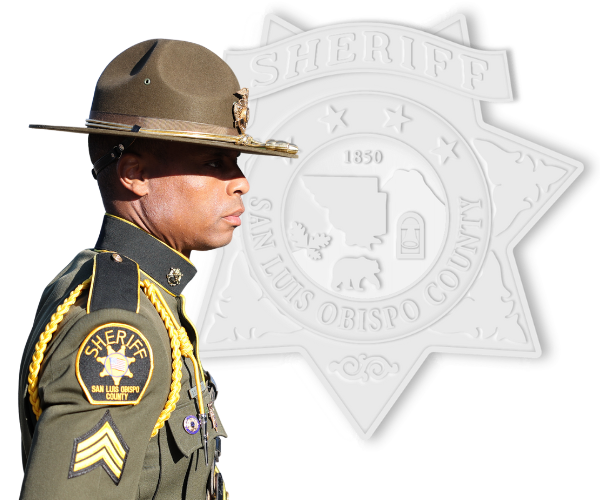 Sergeant looking to the side with a stylized badge in the background.